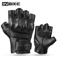 INBIKE Men Sport Anti Skid Gloves Hook and Loop Strip Goat Leather Half Finger Bike Riding Motorcycle Gloves CM201