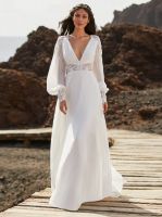 Modest A Line Wedding Dress Chiffon Long Sleeve Bridal Gown Deep V-Neck Applique Boho Wedding Gowns