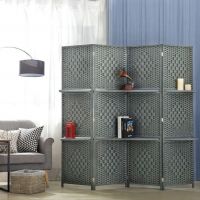 4Panel  Wicker Room Divider With Display Shelf    Foldable Room Divider