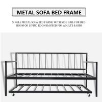 Single metal sofa bed frame with side rail for bedroom or living room daybed for adults & kids.