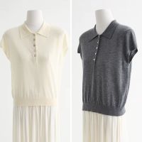 Women's Casual Loose Short-Sleeved Polo Button Knitted Sweater Tops for Summer Solid Color Breathable and Soft for Lady