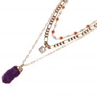 Luxurious Classic Layer Chain Necklace Hand Made Chain And Huge Purple Natural Stone Pendant Necklace Jewelry